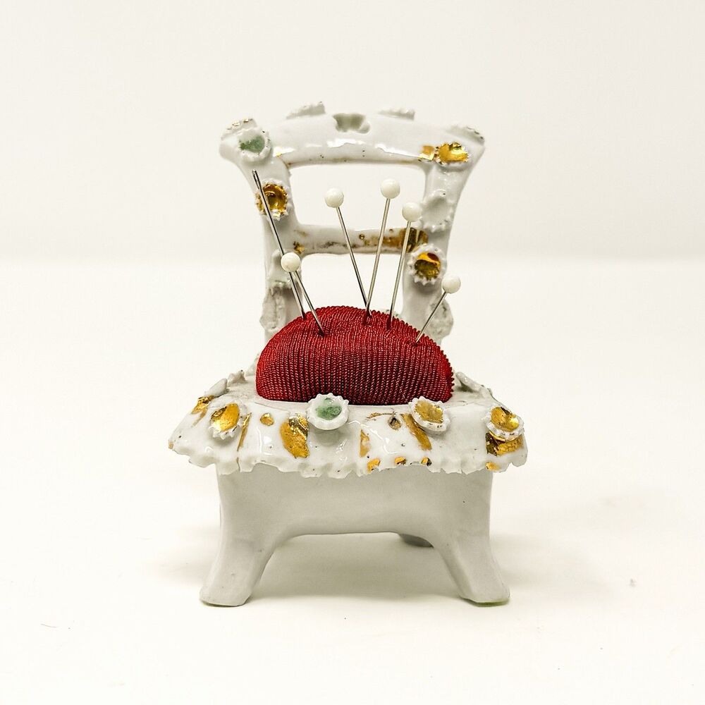 Vintage Porcelain Chair Pin Cushion Floral Gold Trim Miniature Sewing
